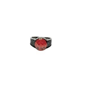 925 Sterling Silver Gents Ring with Polished Dark Red Zircone Stone, Size 10.25