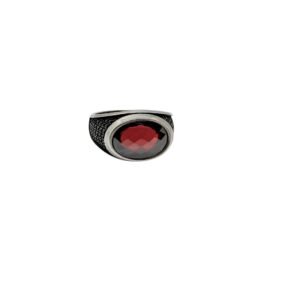 925 Sterling Silver Gents Ring Dark Red Zircon  - Gemstone