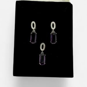 Genuine 925 Sterling Silver Purple Zircone Pendant Earring Jewelry Set