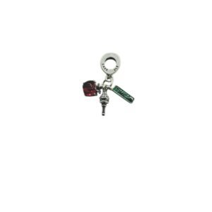 Real Red Apple, Torch and Green Time Tag Triple Dangle S925 Women Bracelet Charm