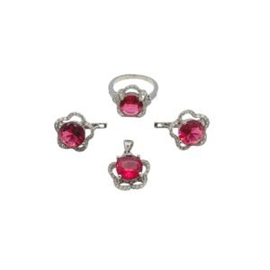 Dainty 925 Sterling Silver Pink Flower Pendant Earring Set